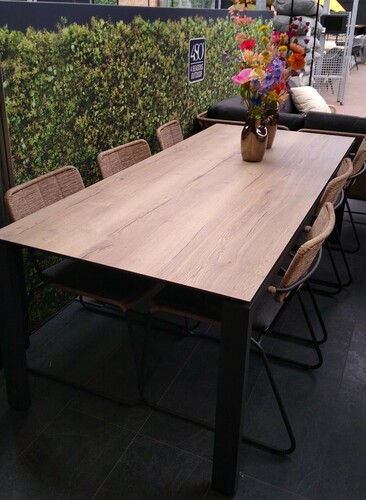 4SO 6x Swing diningstoel + HPL tafel teak patroon 220 x 95 cm met onderstel
