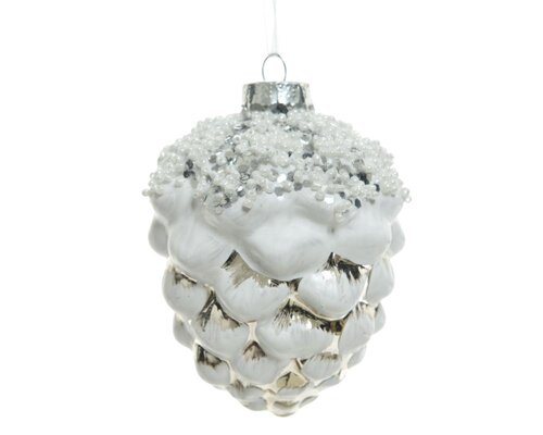 Decoris Dennenappel glas - wit - Ø 9 cm - afbeelding 1