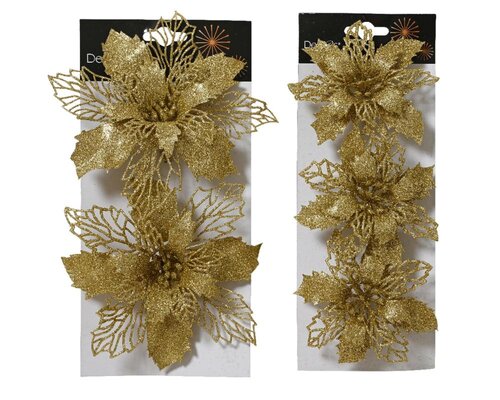 Decoris Poinsettia op clip - goud - 2 × 13 × 13 cm - afbeelding 1