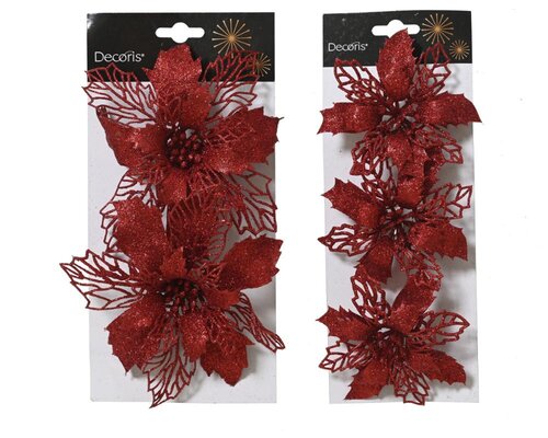 Decoris Poinsettia op clip - kerstrood - 2 × 13 × 13 cm - afbeelding 1