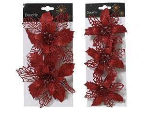 Decoris Poinsettia op clip - kerstrood - 2 × 13 × 13 cm - afbeelding 1