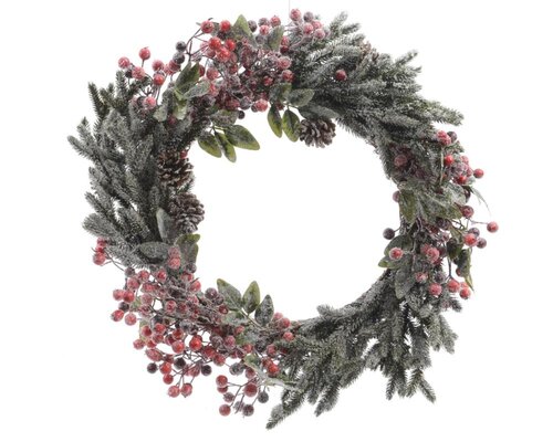 Everlands kerstkrans met rijpafwerking groen/rood – diameter 40 cm