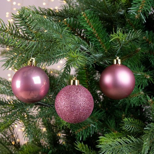 Decoris Kerstballen kun velours roze dia6cm - afbeelding 2