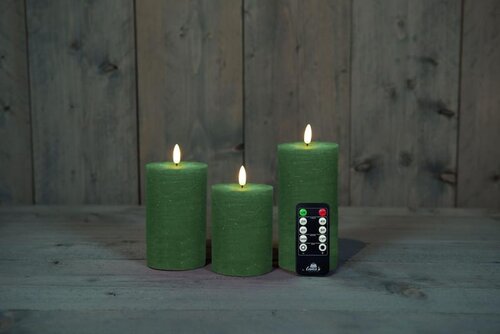 Rustieke LED-stompkaars van was – 3D-vlam – jade groen – op batterijen – met afstandsbediening – set