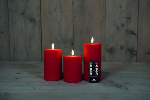 Rustieke LED-stompkaars van was – 3D-vlam – rood – op batterijen – met afstandsbediening – set van 3