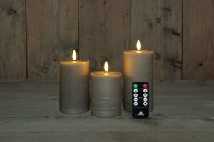 Rustieke LED-stompkaars van was – 3D-vlam – taupe – op batterijen – met afstandsbediening – set van 