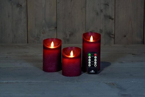Set rustieke LED-kaarsen van was – bewegende vlam – bordeaux – 10 – 12.5 – 15 × 7.5 cm – op batterij - afbeelding 2