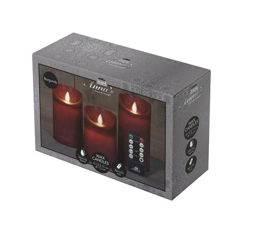 Set rustieke LED-kaarsen van was – bewegende vlam – bordeaux – 10 – 12.5 – 15 × 7.5 cm – op batterij - afbeelding 1