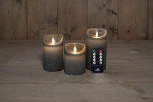 Set rustieke LED-kaarsen van was – bewegende vlam – grijs – 10 – 12.5 – 15 × 7.5 cm – op batterijen