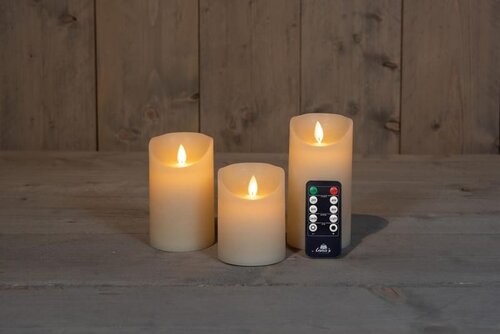Set rustieke LED-kaarsen van was – bewegende vlam – ivoor – 10 – 12.5 – 15 × 7.5 cm – op batterijen - afbeelding 2