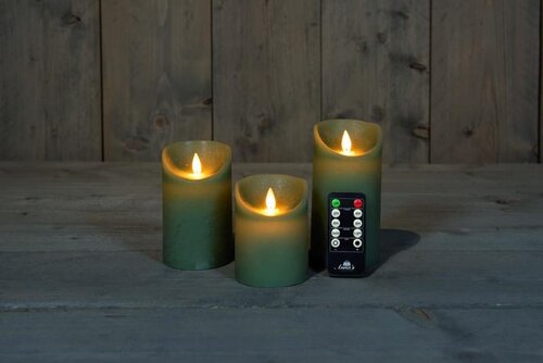 Set rustieke LED-kaarsen van was – bewegende vlam – jade groen – 10 – 12.5 – 15 × 7.5 cm – op batter - afbeelding 2