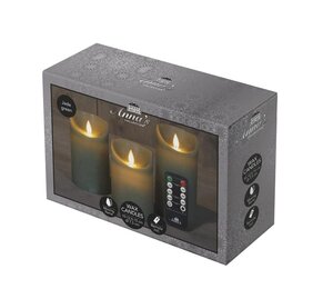 Set rustieke LED-kaarsen van was – bewegende vlam – jade groen – 10 – 12.5 – 15 × 7.5 cm – op batter - afbeelding 1