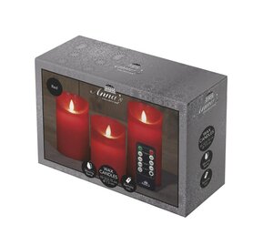 Set rustieke LED-kaarsen van was – bewegende vlam – rood – 10 – 12.5 – 15 × 7.5 cm – op batterijen - afbeelding 1