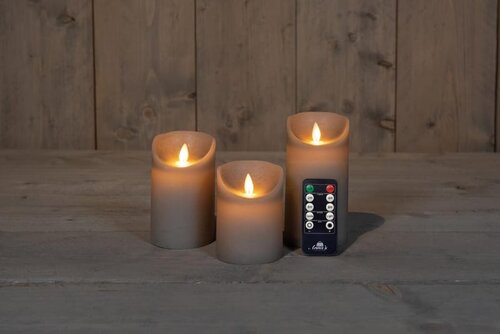 Set rustieke LED-kaarsen van was – bewegende vlam – taupe – 10 – 12.5 – 15 × 7.5 cm – op batterijen - afbeelding 2