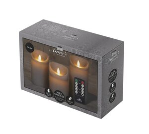 Set rustieke LED-kaarsen van was – bewegende vlam – taupe – 10 – 12.5 – 15 × 7.5 cm – op batterijen - afbeelding 1