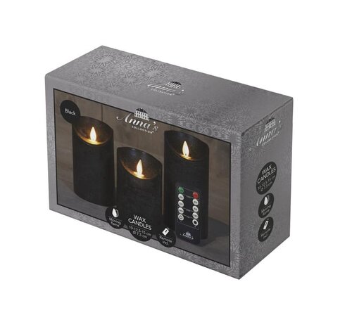 Set rustieke LED-kaarsen van was – bewegende vlam – zwart – 10 – 12.5 – 15 × 7.5 cm – op batterijen - afbeelding 1