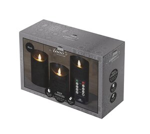 Set rustieke LED-kaarsen van was – bewegende vlam – zwart – 10 – 12.5 – 15 × 7.5 cm – op batterijen - afbeelding 1