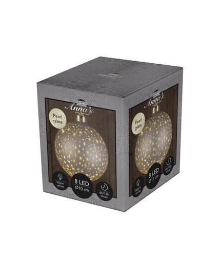 Verlichte glazen kerstbal mat champagne met sterren 10 cm – LED warm wit 2 AAA-batterijen met timer - afbeelding 1