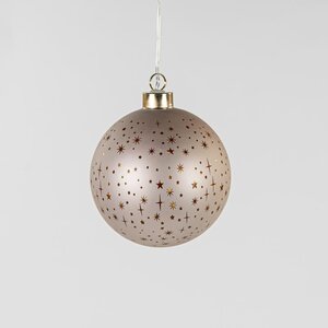 Verlichte glazen kerstbal mat champagne met sterren 10 cm – LED warm wit 2 AAA-batterijen met timer - afbeelding 2