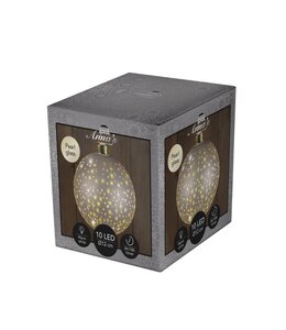 Verlichte glazen kerstbal mat champagne met sterren 12 cm – LED warm wit 2 AAA-batterijen met timer - afbeelding 1