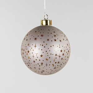 Verlichte glazen kerstbal mat champagne met sterren 12 cm – LED warm wit 2 AAA-batterijen met timer - afbeelding 2