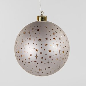 Verlichte glazen kerstbal mat champagne met sterren 15 cm – LED warm wit 2 AAA-batterijen met timer - afbeelding 2