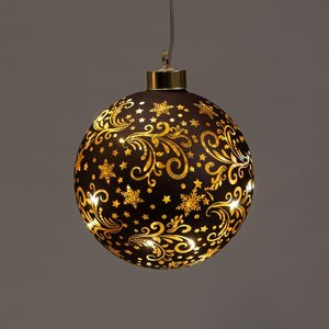 Verlichte glazen kerstbal met sterren 10 LED warm wit op 2 AAA-batterijen met timer ø 12 cm donkerbr - afbeelding 2
