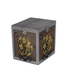 Verlichte glazen kerstbal met sterren 12 LED warm wit op 2 AAA-batterijen met timer ø 15 cm donkerbruin – goud