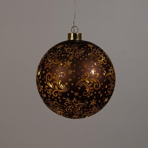 Verlichte glazen kerstbal met sterren 12 LED warm wit op 2 AAA-batterijen met timer ø 15 cm donkerbr - afbeelding 2