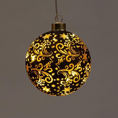 Verlichte glazen kerstbal met sterren 8 LED warm wit op 2 AAA-batterijen met timer ø 10 cm donkerbru - afbeelding 2
