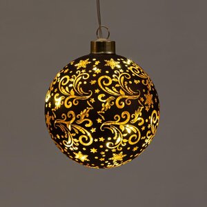 Verlichte glazen kerstbal met sterren 8 LED warm wit op 2 AAA-batterijen met timer ø 10 cm donkerbru - afbeelding 2